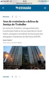 Recorte do jornal O Estado de S. Paulo sobre a defesa da Justiça do Trabalho